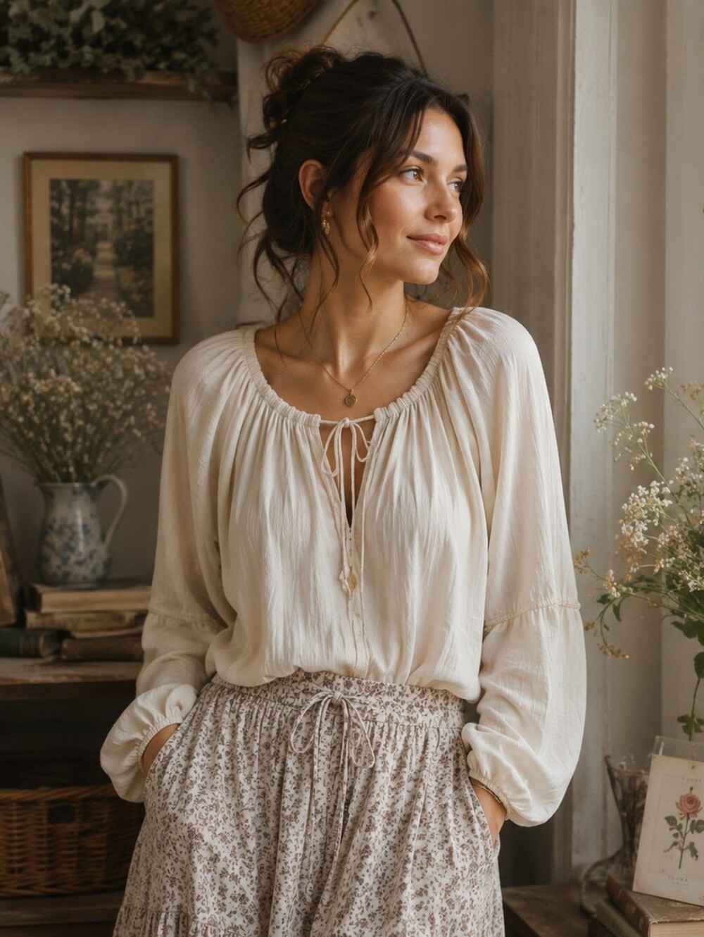 Joan Vass New York Cream Long Sleeve Blouse | Size Large | Cottagecore Quiet Lux